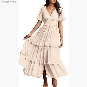 V-Neck Long Sleeve Maxi Dress Boho Fit & Flare Wedding Guest